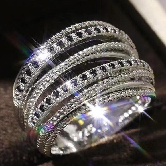 MCL Design Black Spinel Slim Band Stacking Ring – Matthew  ▶Multi Layer Stacking Black Zircon Sterling Silver Plated Ring for Women, L037
